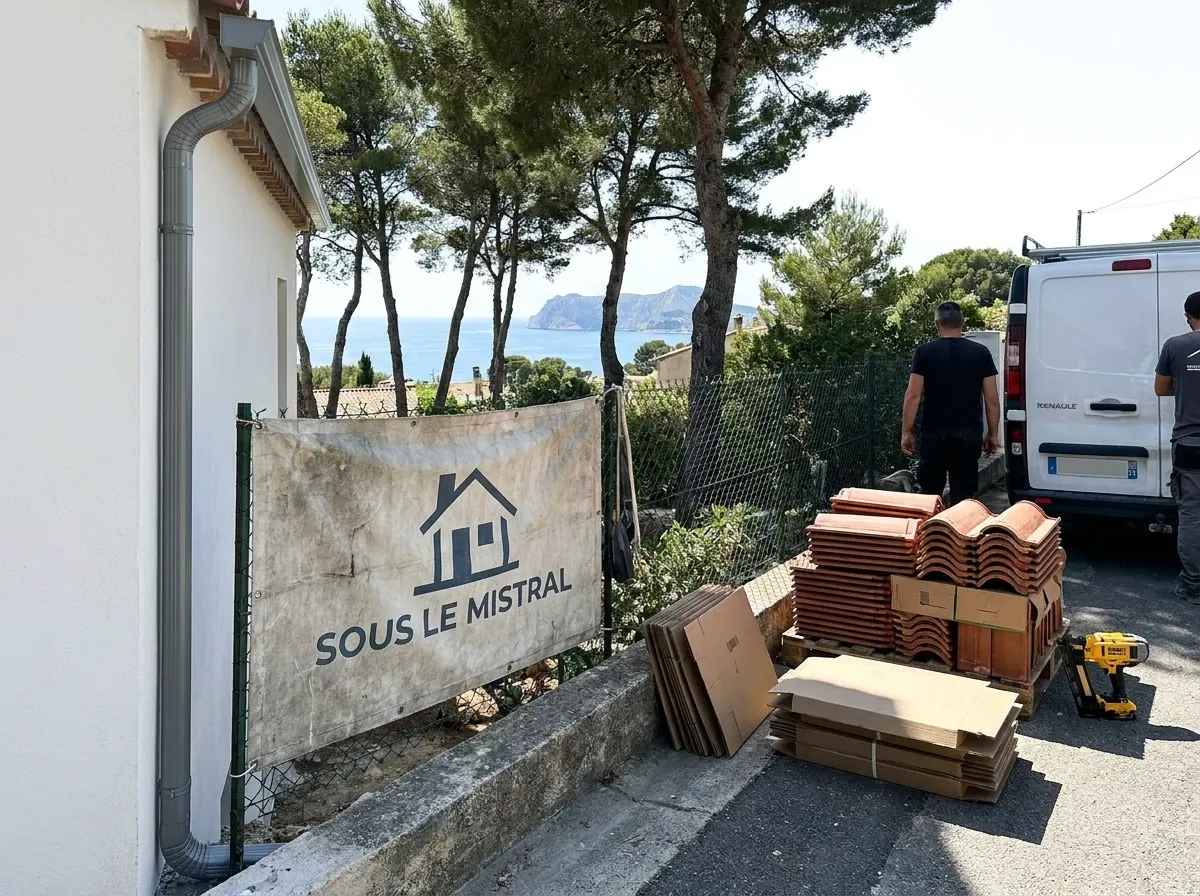 Bâche Sous le Mistral sur un chantier de toiture à La Ciotat, tuiles canal neuves sur palette, mer et Bec de l'Aigle en fond