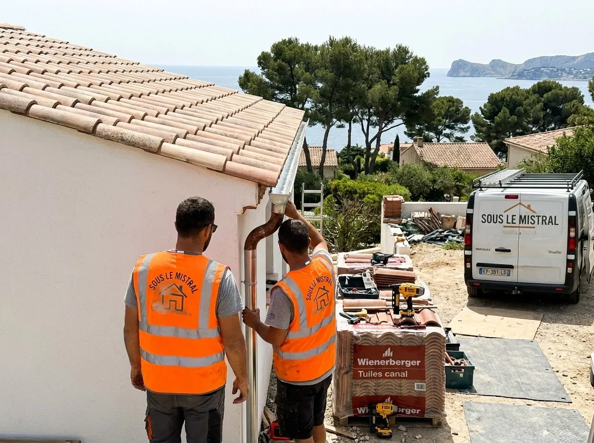 Couvreurs de Toitures sous le Mistral posant une descente de gouttière sur une villa en tuiles canal à La Ciotat, mer et Bec de l'Aigle au loin